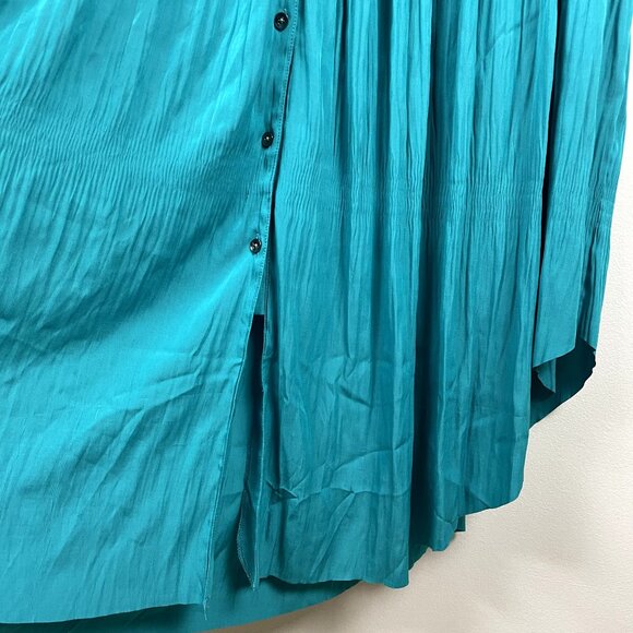 Chicos 2 Midi Dress 12 Teal Green Crinkle Pleated 3/4 Sleeve Button Up Tie Waist - Picture 15 of 16